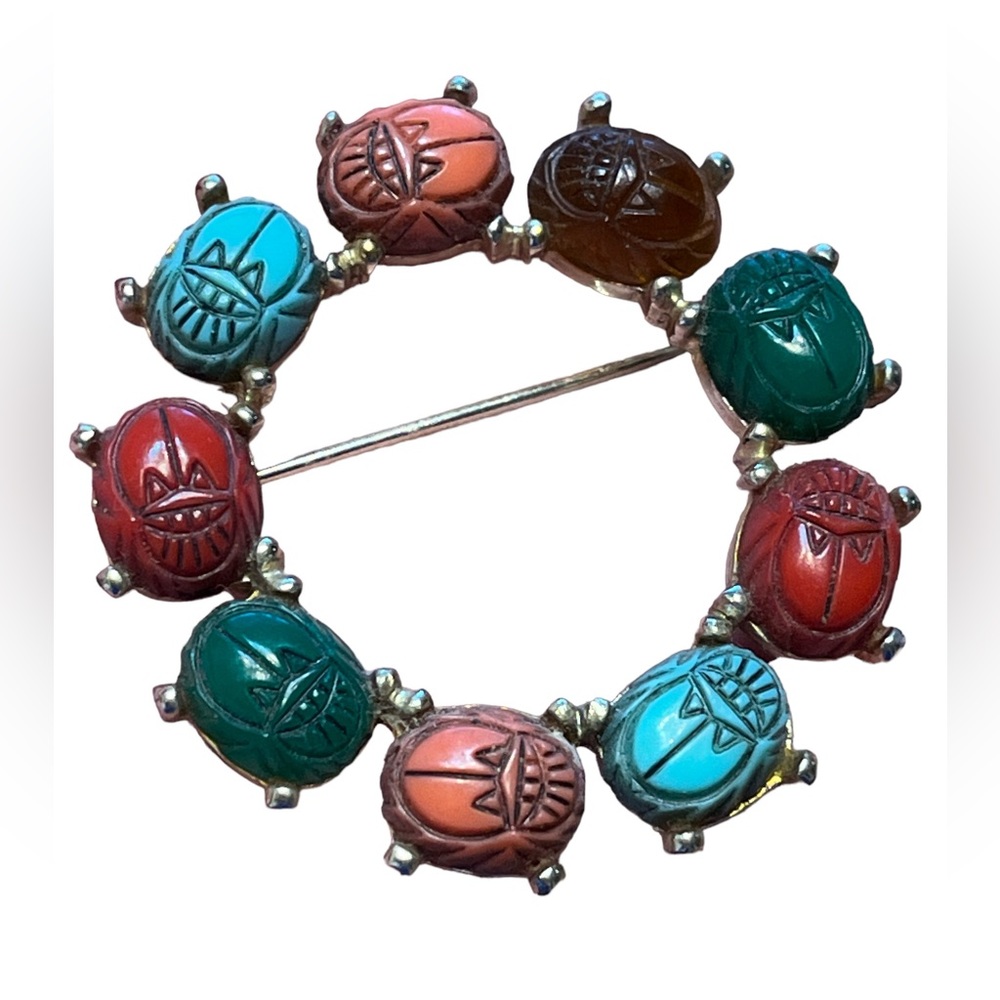 Egyptian Carved Scarab Round Brooch